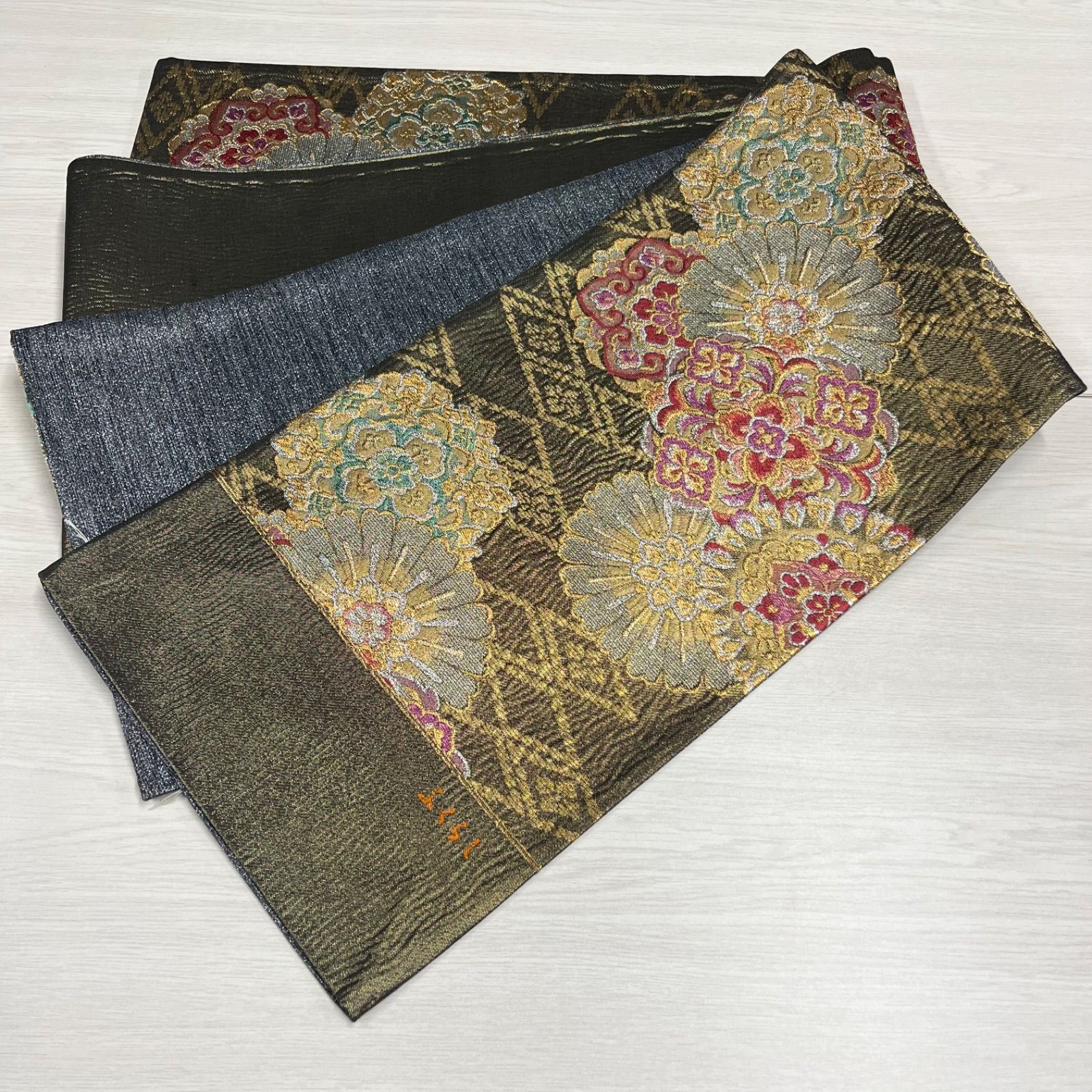 ♥品 匿名配送 未仕立て 酒井守 日本製 西陣織 袋帯 金 銀 黒 花柄 振袖 成人式 結婚式 2