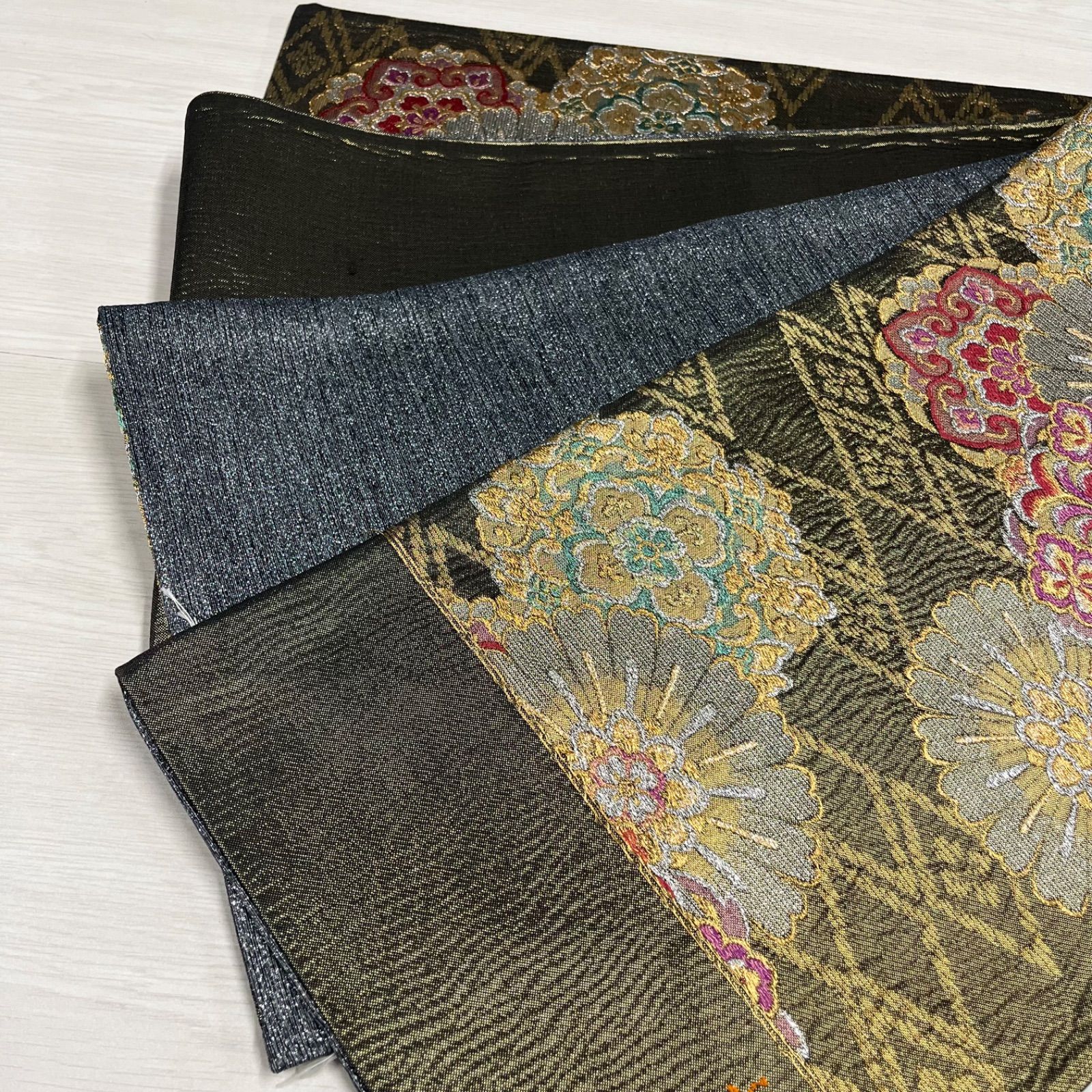 未仕立て 酒井守 西陣織 袋帯 金 銀 黒 花柄 振袖 成人式 結婚式 2