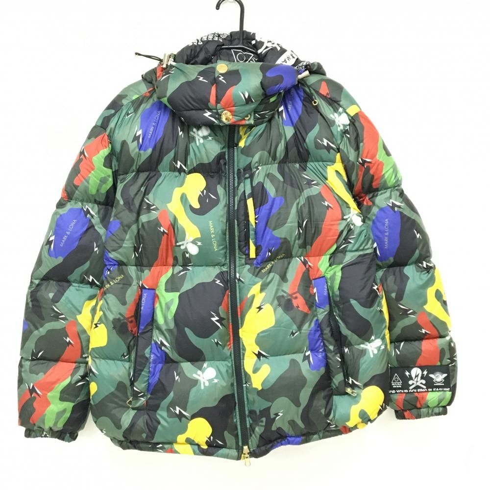 マークアンドロナ リバーシブルダウンジャケット グリーン×レッド×イエロー 総柄 メンズ ゴルフウェア MARK＆LONA