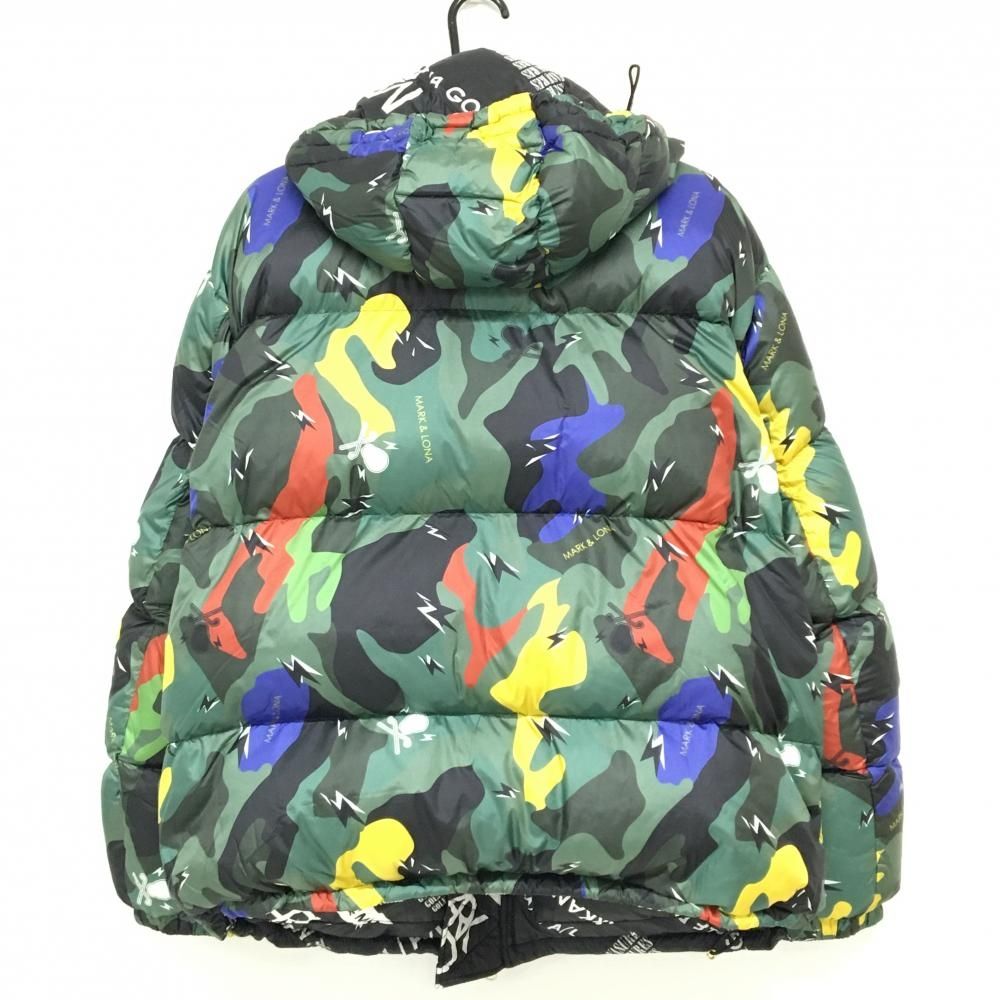 マークアンドロナ リバーシブルダウンジャケット グリーン×レッド×イエロー 総柄 メンズ ゴルフウェア MARK＆LONA