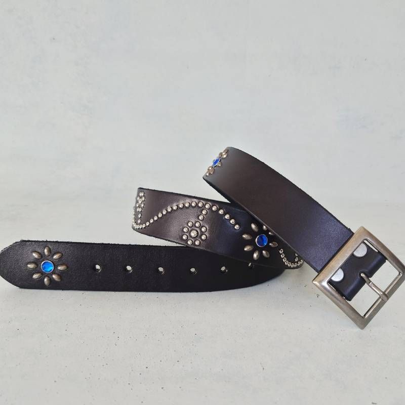 本革 牛革 フラワー スタッズベルト オリジナル アメカジ レザーベルト ブルーストーン ウエスタン ブラック COW LEATHER Flower Studs belt Original BLU BLK