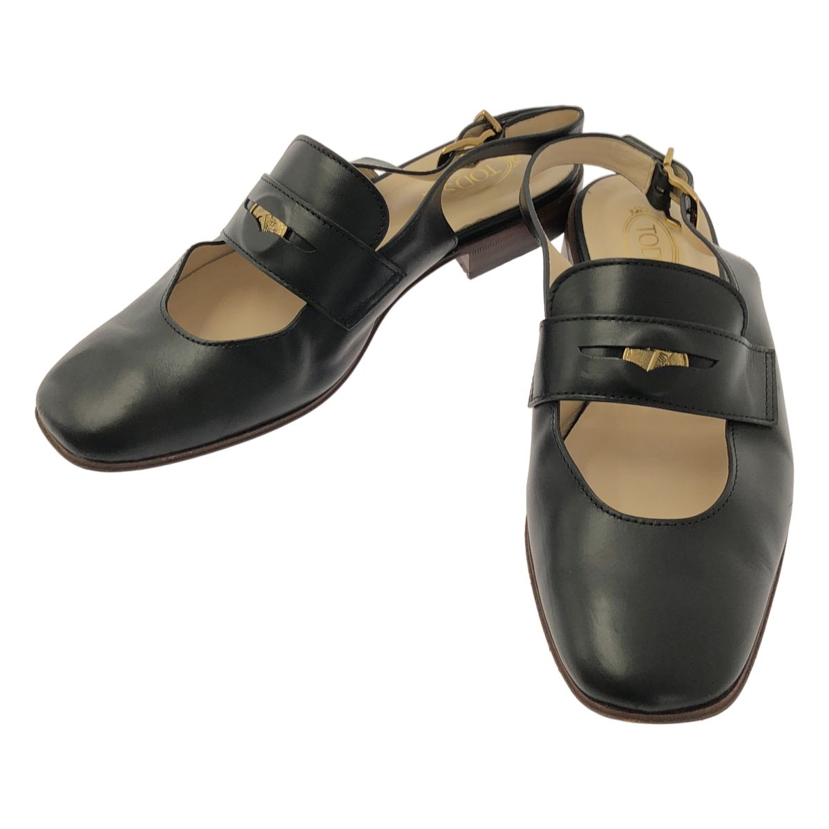 TOD S | トッズ | レザー コイン付き ストラップ ミュール サンダル フラットシューズ | 37 | ブラック | レディース