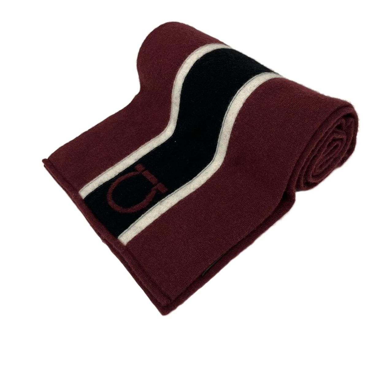 FERRAGAMO SalvatoreFerragamo サルバトーレフェラガモ マフラー - ボルドー×黒×白 ガンチーニ ボーダー ウール カシミヤ
