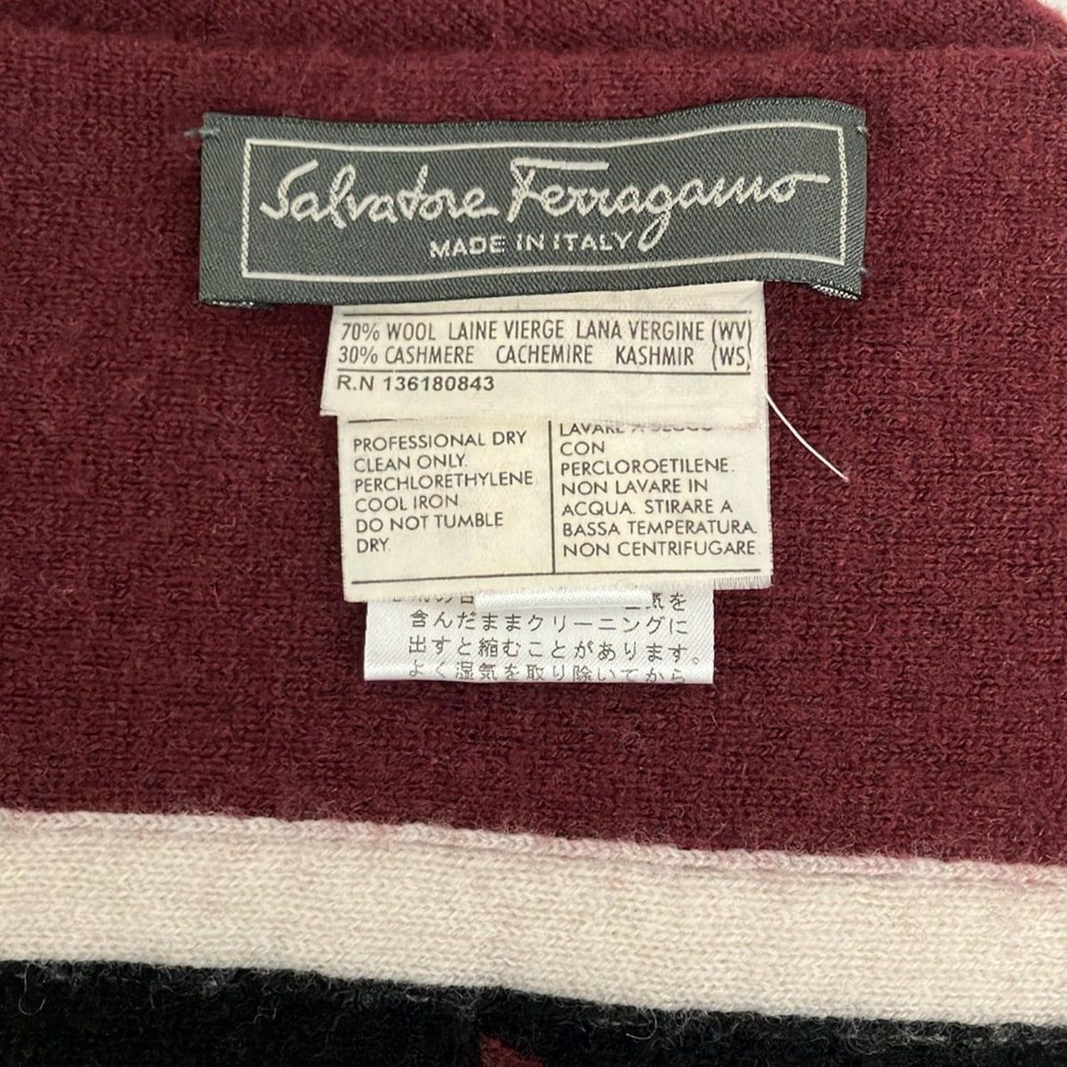 FERRAGAMO SalvatoreFerragamo サルバトーレフェラガモ マフラー - ボルドー×黒×白 ガンチーニ ボーダー ウール カシミヤ