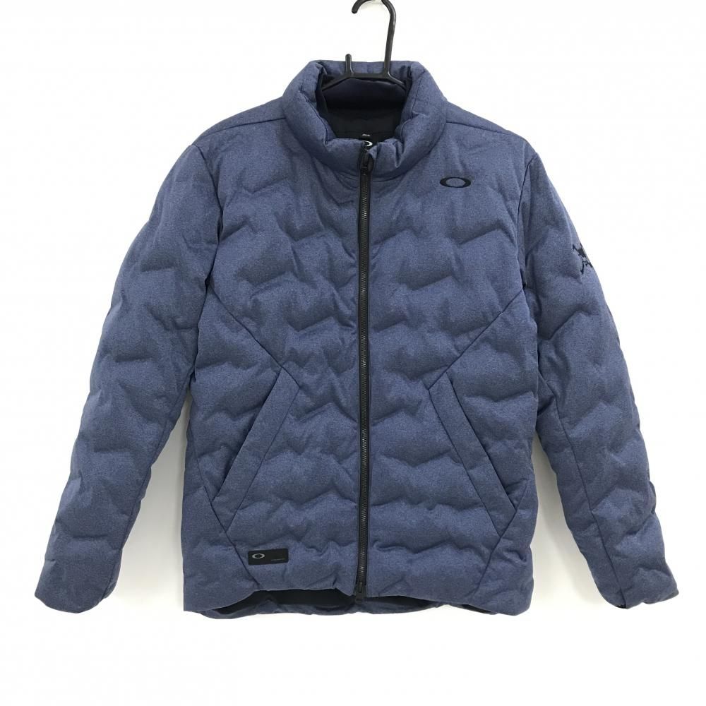 超 オークリー ダウンジャケット 杢ネイビー ロゴ黒 ダウン90％ メンズ M ゴルフウェア Oakley