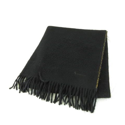 アクアスキュータム AQUASCUTUM シルクマフラー カシミヤ フリンジ 総柄 黒 茶 *A534