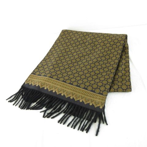 アクアスキュータム AQUASCUTUM シルクマフラー カシミヤ フリンジ 総柄 黒 茶 *A534