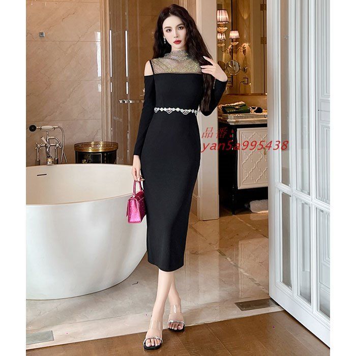 肩出しオープンショルダー 長袖膝丈タイトドレスワンピース 黒 結婚式 お呼ばれ パーティー 韓国 ドレス yan5a995438
