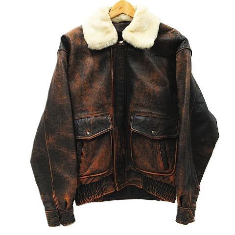 90s▪️ラッキーストライク レザーフライトジャケット XL相当 羊革 ボア襟 茶 90s LUCKY STRIKE ラッキーストライク G-1 フライトジャケット ボア