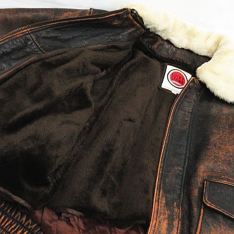 90s▪️ラッキーストライク レザーフライトジャケット XL相当 羊革 ボア襟 茶 90s LUCKY STRIKE ラッキーストライク G-1 フライトジャケット ボア