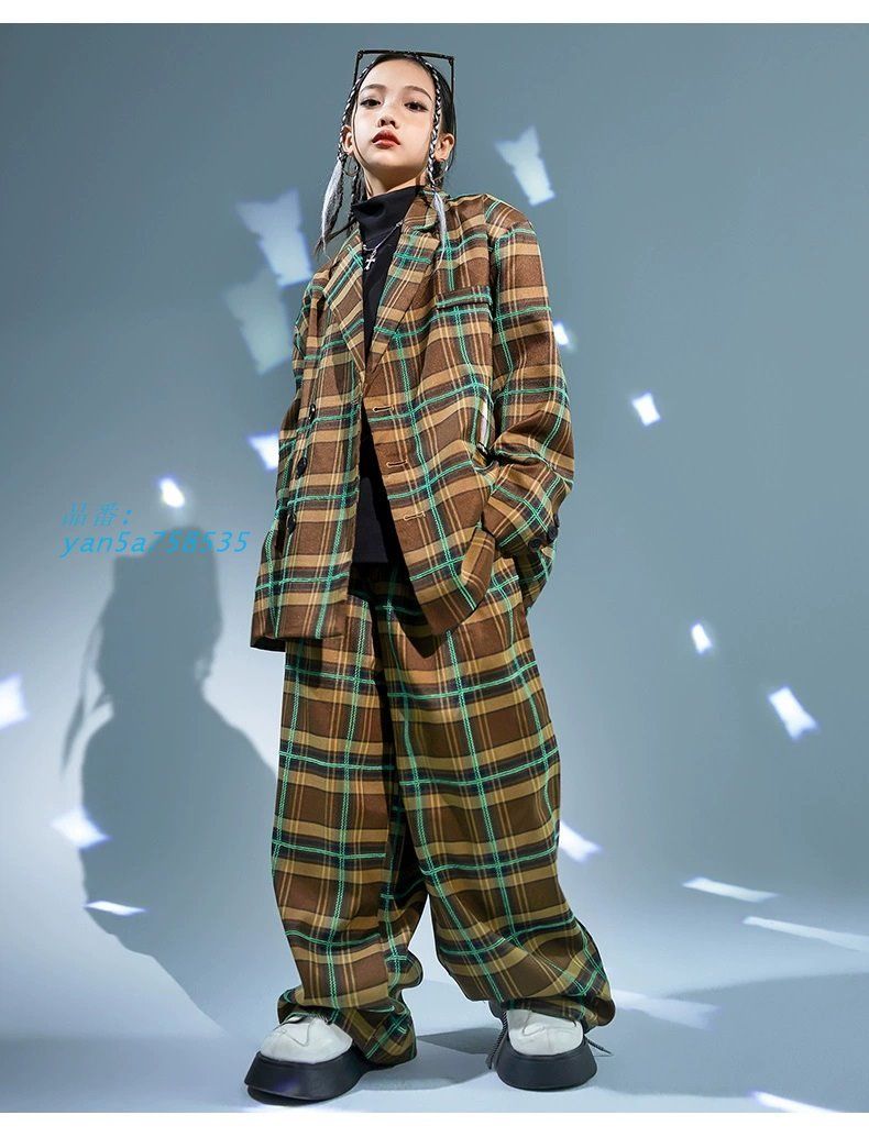 キッズダンス衣装セットアップ ヒップホップ衣装 チェック柄 ジャケット パンツ ブラウン 韓国 K-POP yan5a758535 LLC-HASEGAWATOSO_COM