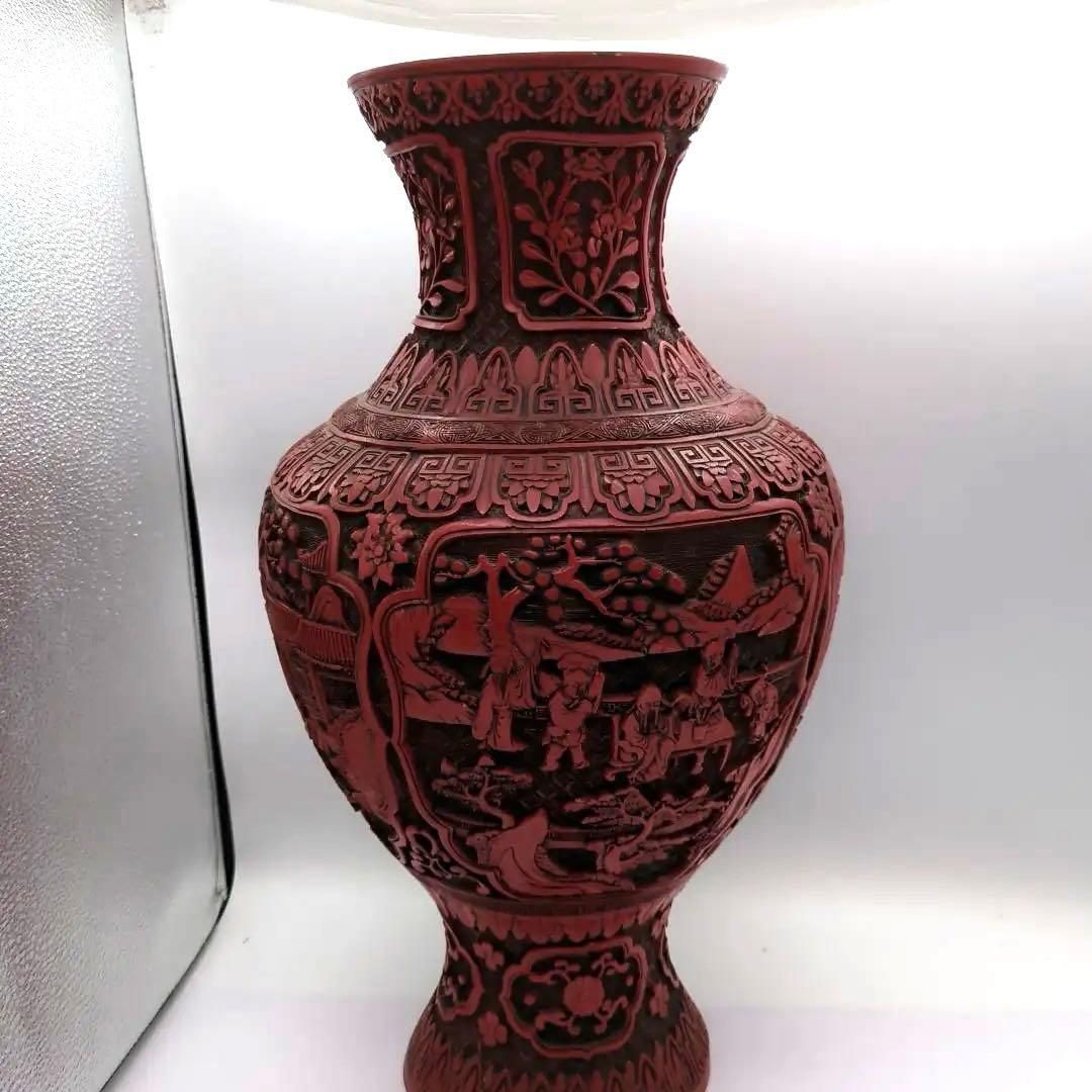 中国 美術 骨董 堆朱 壺 赤壺 工芸品 民芸品 彫刻 花柄 花瓶 花器