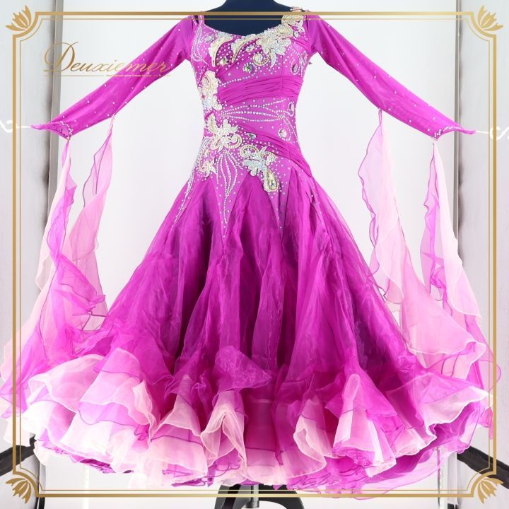 社交ダンス 衣装 ドレス ドレス ワンピース ドレス 紫 フロート フリル 紫 Wish plus フリル ピンク系 ブルー系 デモ 競技 ダンス パーティ フリルスカート 膨らむスカート 競技用ドレス 発表会 豪華衣装