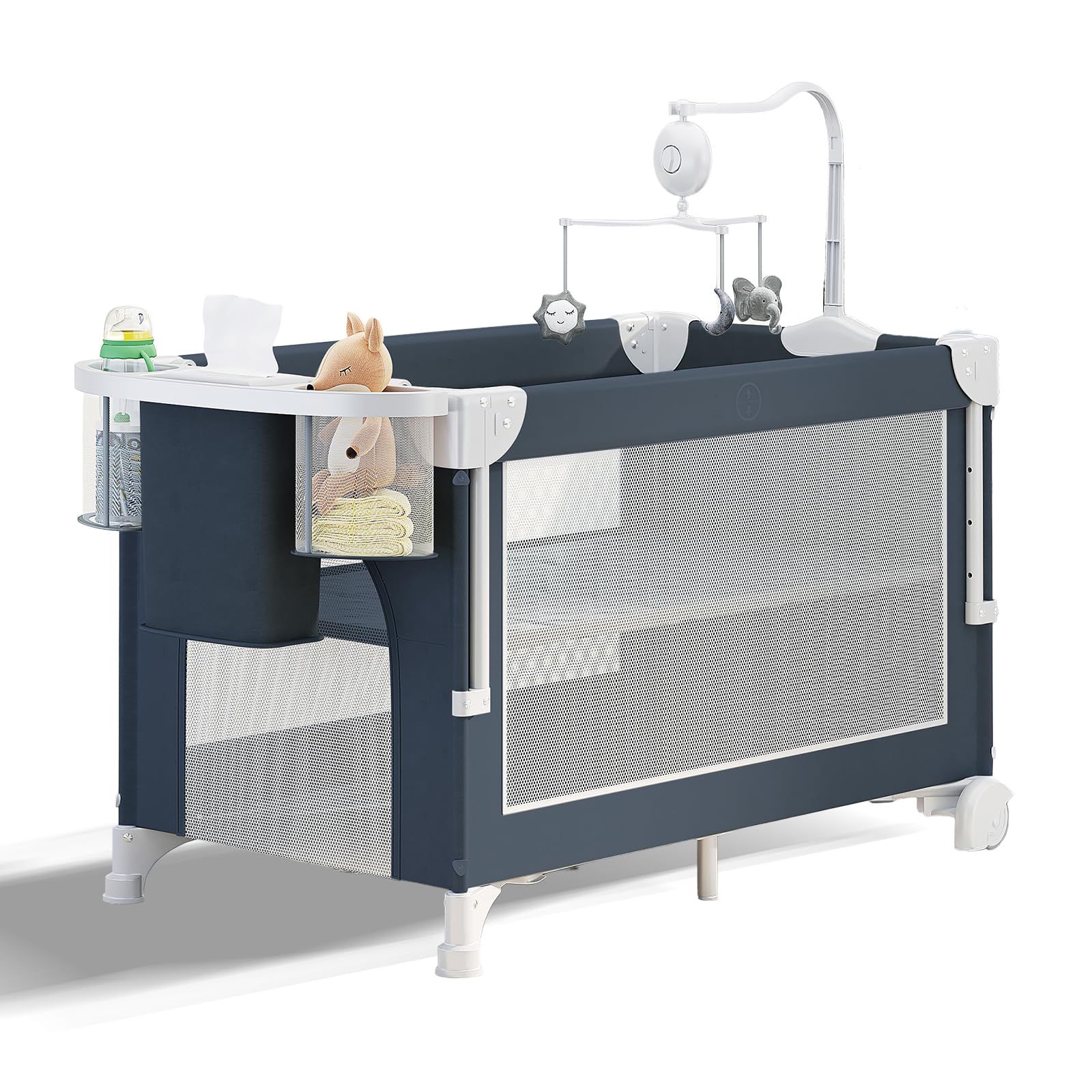 JZOOOZ ベビーベッド 添い寝 おむつ台付きベビーベッド 乳児用ベッド size 115x65x75cm 折りたたみ 携帯便利 軽量 キャスタ付き 組み立て簡単 ゆりかご ベビーラック 通気 新生児ベッド 蚊帳 洗濯便利 多機能 洗濯 出産祝い