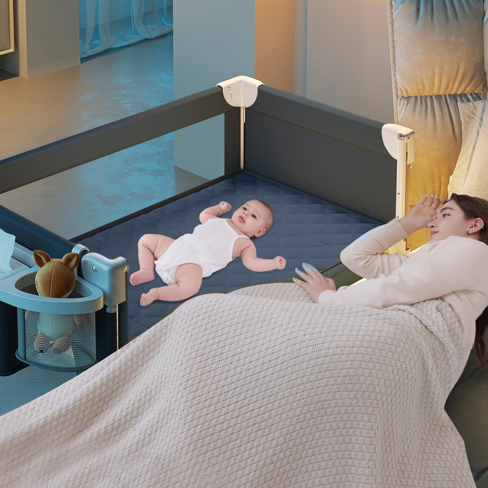 JZOOOZ ベビーベッド 添い寝 おむつ台付きベビーベッド 乳児用ベッド size 115 x 65 75 cm 折りたたみ 携帯便利 軽量 キャスタ付き 組み立て簡単 ゆりかご ベビーラック 通気 新生児ベッド 蚊帳 洗濯便利 洗濯 出産祝い