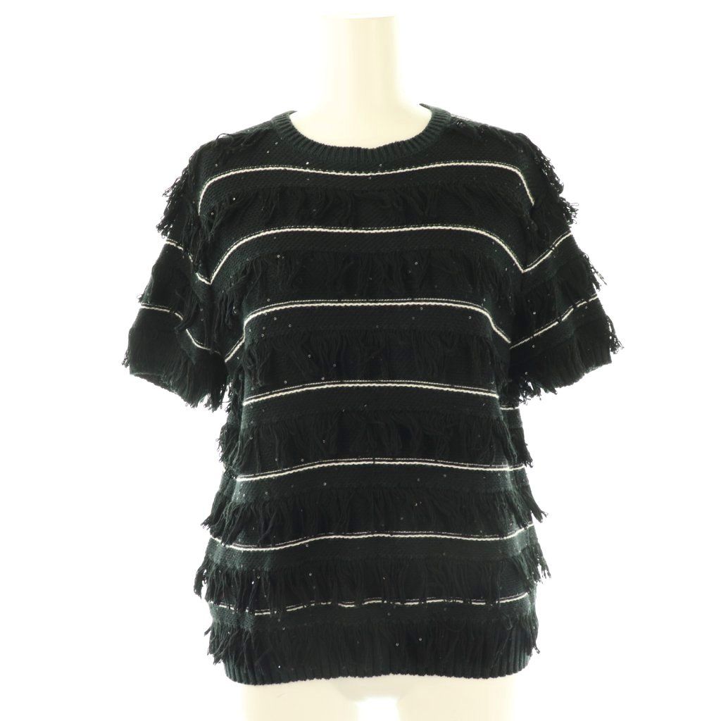 ドゥロワー Drawer 7Gフリンジスパングルプルオーバー ニット セーター 半袖 2 ブラック ホワイト ES GY53