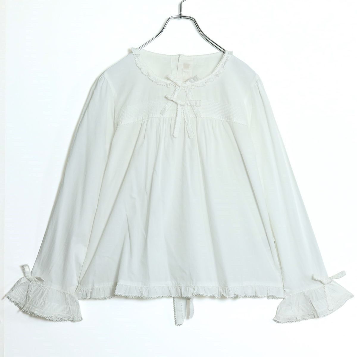 ピンクハウス　フリル付きホワイトシャツ 長袖 PINK HOUSE ピンクハウス訳ありフリル付きホワイトコットン長袖シャツ