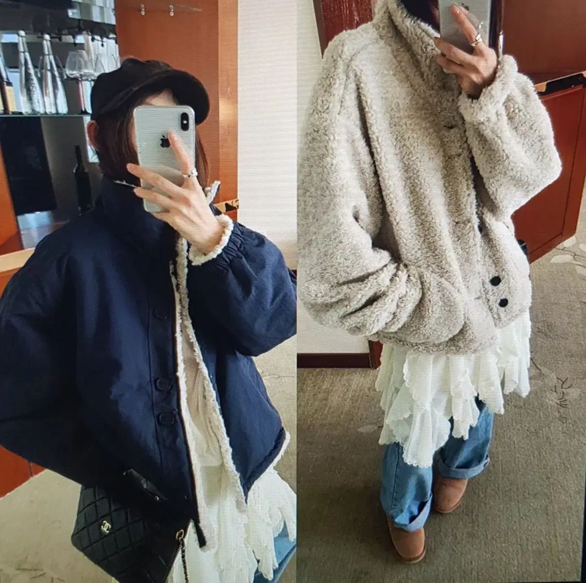 海外配送 シープスキン コットン リバーシブル ジャケット ネイビー ブラウン アイボリー