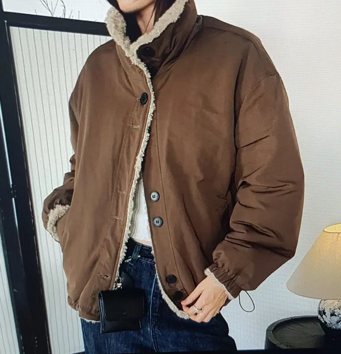 海外配送 シープスキン コットン リバーシブル ジャケット ネイビー ブラウン アイボリー