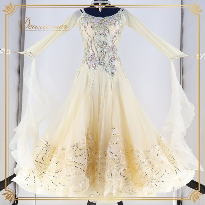 社交ダンス 衣装 ドレス ワンピース ドレス フロート フリル 感 上品 ダンス パーティ デモ 競技 ホワイト系 イエロー系 アイボリー系 かわいい 美しい エレガント おしゃれ コスチューム 競技用 女性用