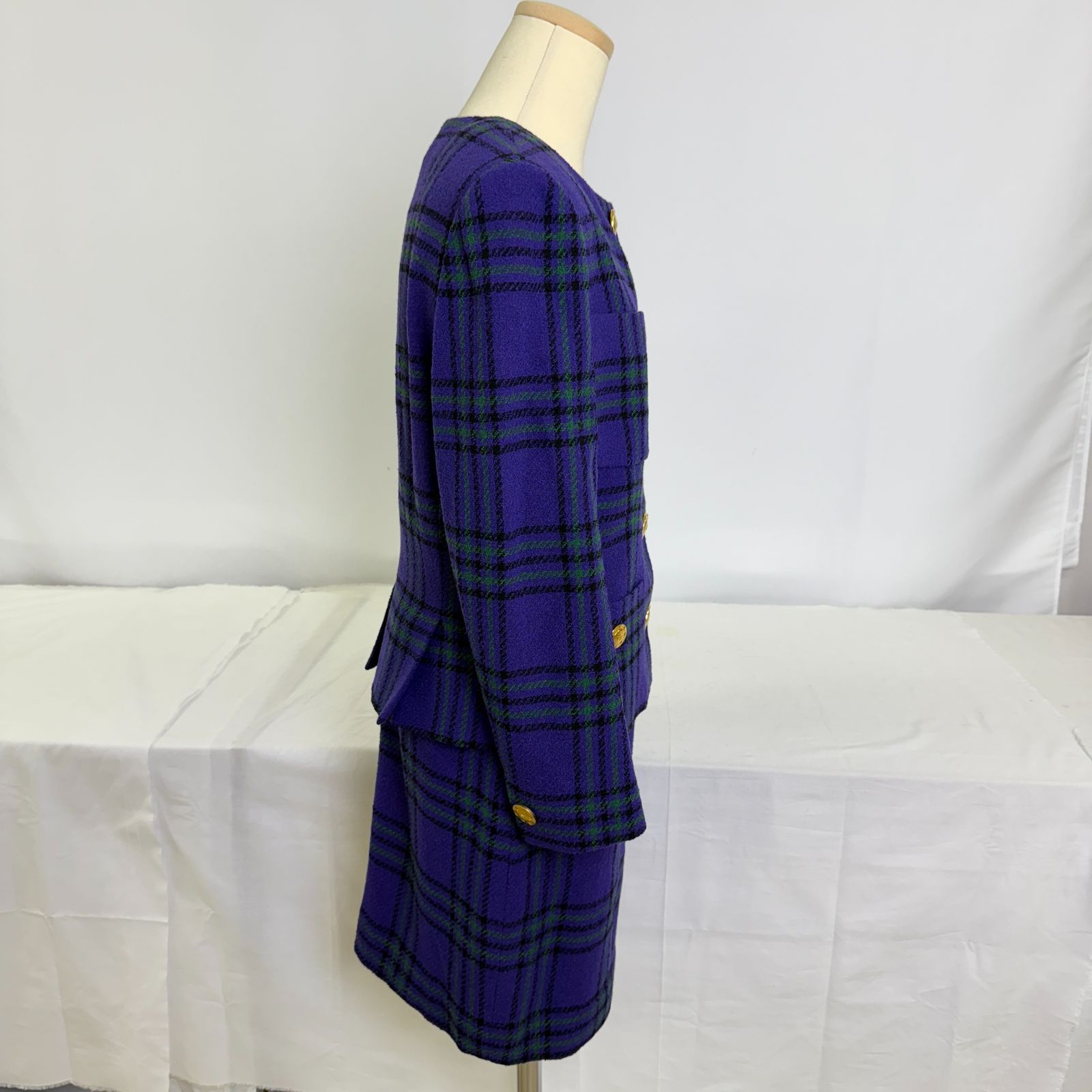  HM 1373-200-10 CELINE セリーヌ セットアップ スカートセットアップ パープル 紫 38号 ウール85％ レディース ファッション 上着 スカート チェック柄 スカートセットアップ セットアップ