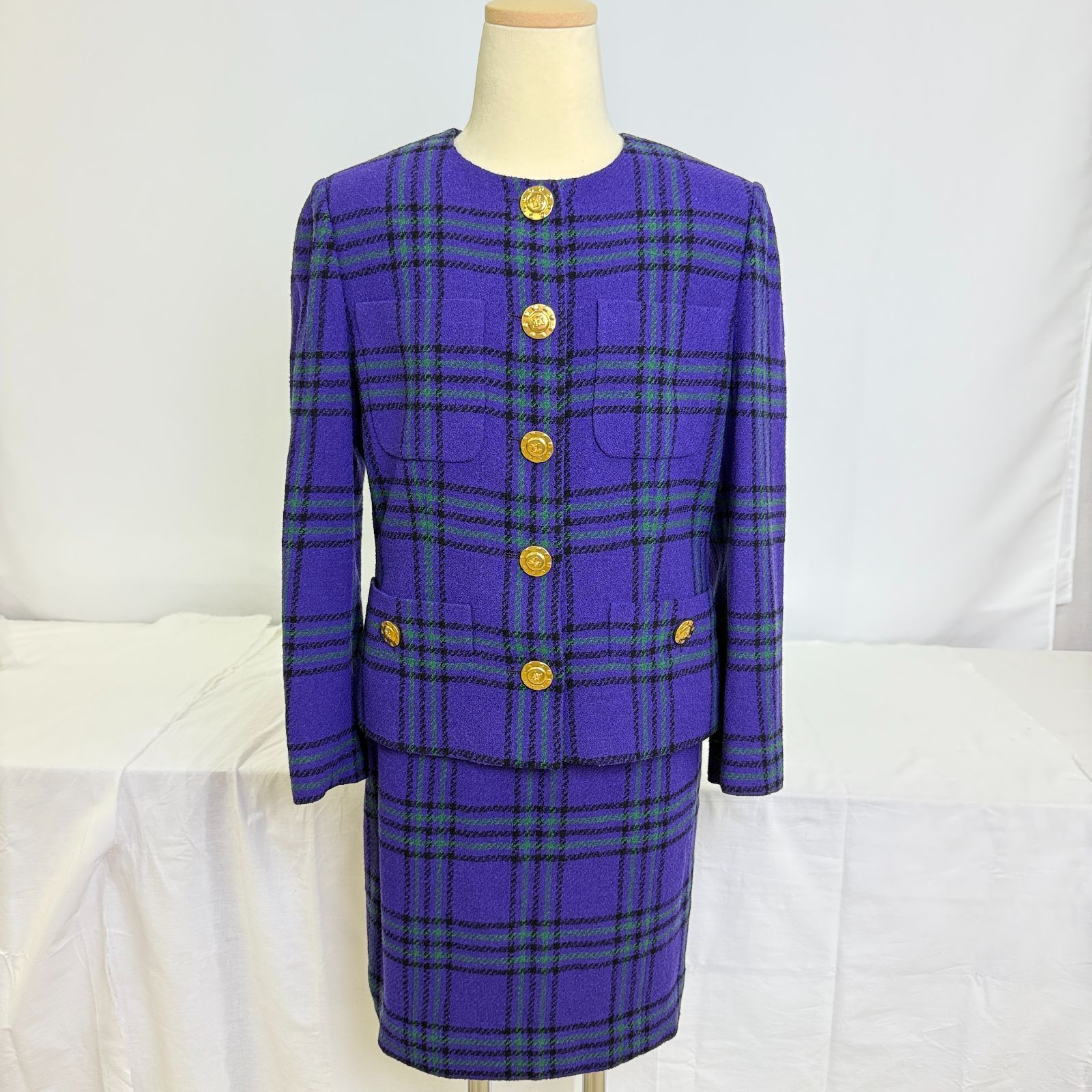 HM1373-200-10 本物保証 CELINE セリーヌ セットアップ スカートセットアップ パープル 紫 38号 ウール85％ レディース ファッション 上着 スカート チェック柄