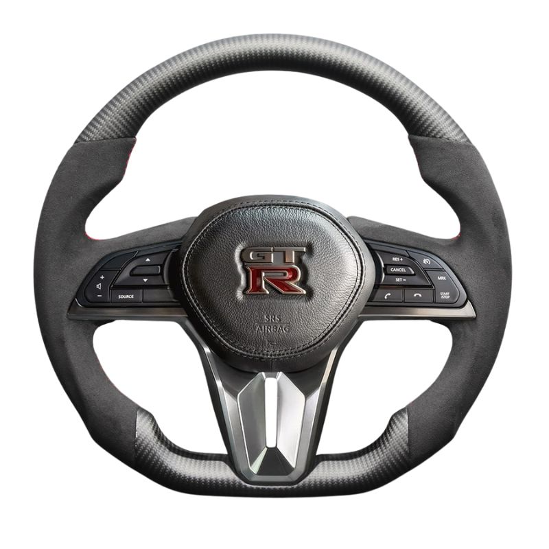 最上位モデル マットリアルカーボン x アルカンターラBK x レッドステッチ 純正交換ガングリップステアリング GT-R R35後期 H28|7- LS308