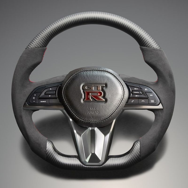最上位モデル マットリアルカーボン x アルカンターラBK x レッドステッチ 純正交換ガングリップステアリング GT-R R35後期 H28 7- LS308