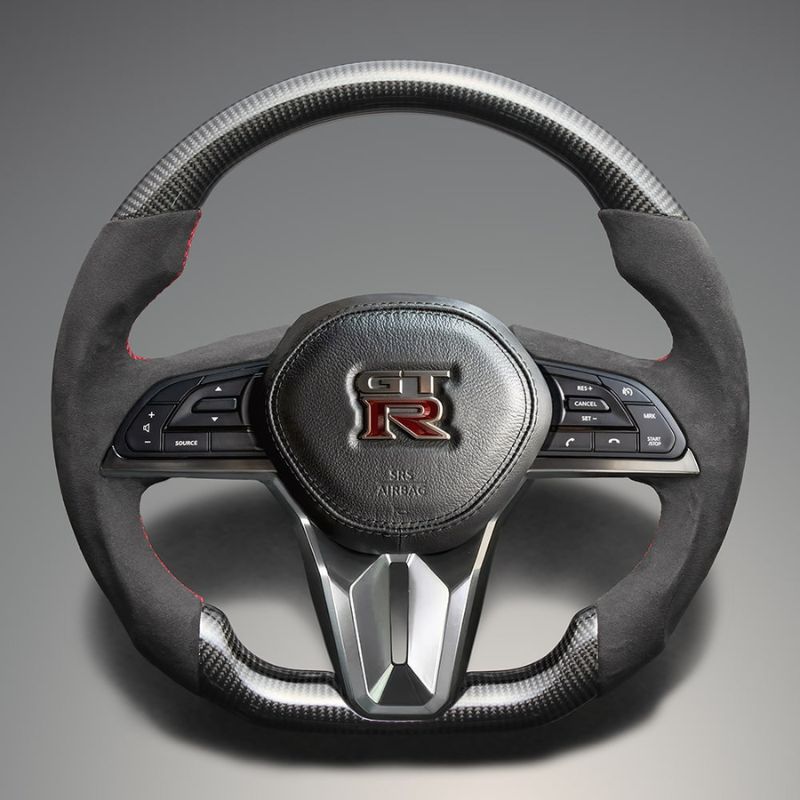 最上位モデル 艶ありリアルカーボン× アルカンターBK×レッドステッチ 純正交換ガングリップステアリング GT-R R35後期 H28 7- LS307