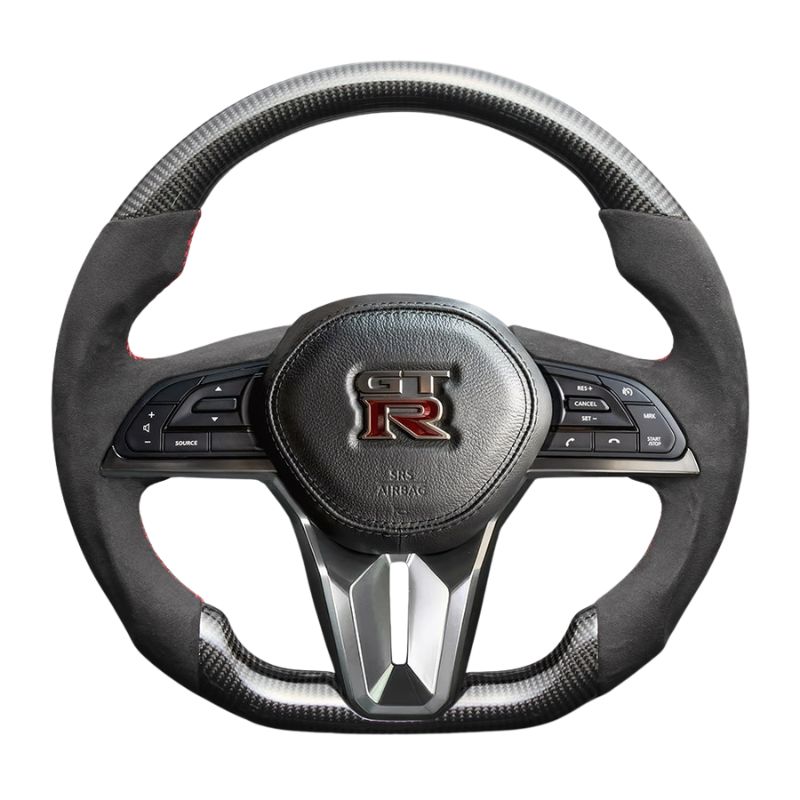 最上位モデル 艶ありリアルカーボン× アルカンターBK×レッドステッチ 純正交換ガングリップステアリング GT-R R35後期 H28|7- LS307