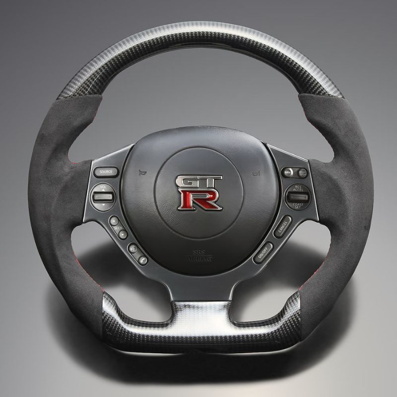 最上位モデル 艶ありリアルカーボン× アルカンターBK×レッドステッチ 純正交換ガングリップステアリング GT-R R35前中期 H19 12-H28 7 LS302