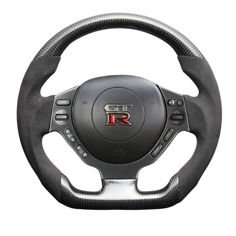 最上位モデル 艶ありリアルカーボン× アルカンターBK×レッドステッチ 純正交換ガングリップステアリング GT-R R35前中期 H19|12-H28|7 LS302