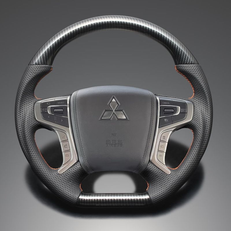 ユーロステッチ採用 カーボン調xオレンジステッチ 純正交換ガングリップステアリング アウトランダーPHEV GG系後期 H30 8-R3 12 LS300 GG2 3W