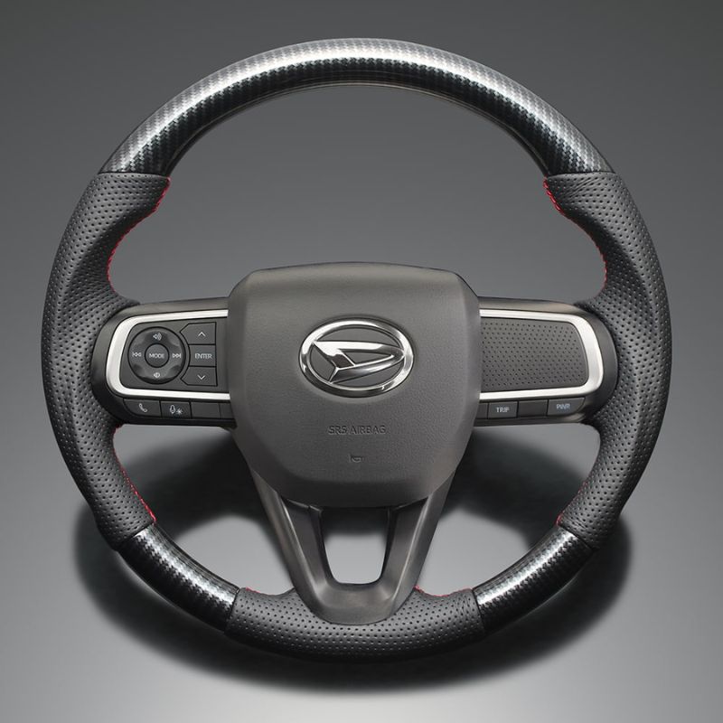 高品質の証ユーロステッチ採用 カーボン調xレッドステッチ 純正交換ガングリップステアリング タント カスタム LA650 R1 7- LS292