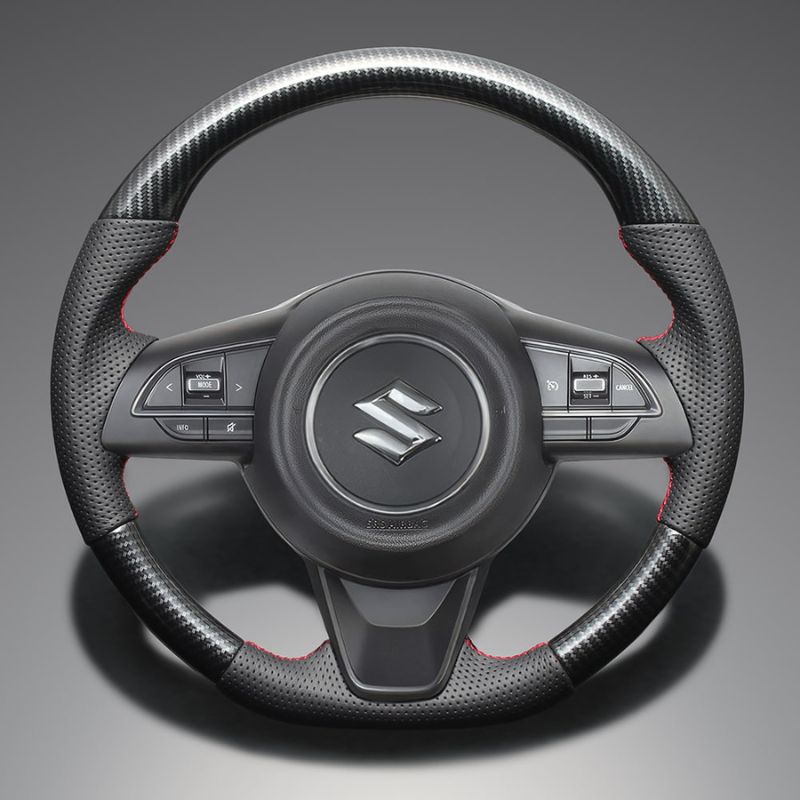 高品質の証ユーロステッチ採用 カーボン調xレッドステッチ 純正交換ガングリップステアリング ジムニー シエラ ノマド JB64 H30 7- LS288