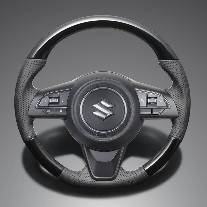 高品質の証ユーロステッチ採用 ピアノブラックxシルバーステッチ 純正交換ガングリップステアリング ジムニー シエラ ノマド JB64 H30 7- LS287