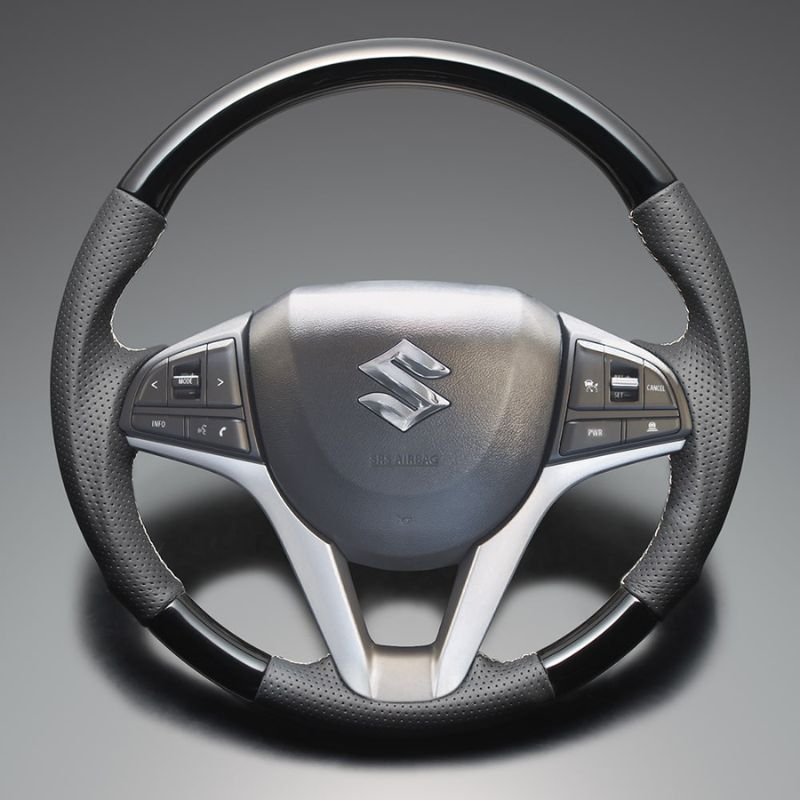 高品質の証ユーロステッチ採用 ピアノブラックxシルバーステッチ 純正交換ガングリップステアリング スペーシア MK53 H29 12-R5 11 LS281