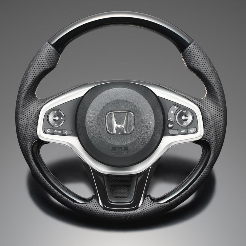 高品質の証ユーロステッチ採用 ピアノブラックxシルバーステッチ 純正交換ガングリップステアリング N-ONE JG3 4 R2 11- LS277