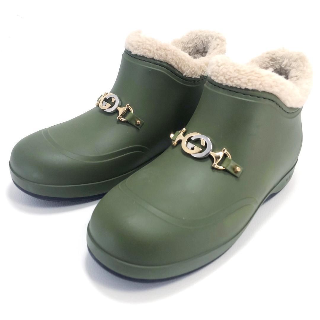 GUCCI グッチ メンズ ホースビット付き リアルムートン ボア アンクルブーツ ダブルG 7 26cm ラバー グリーン