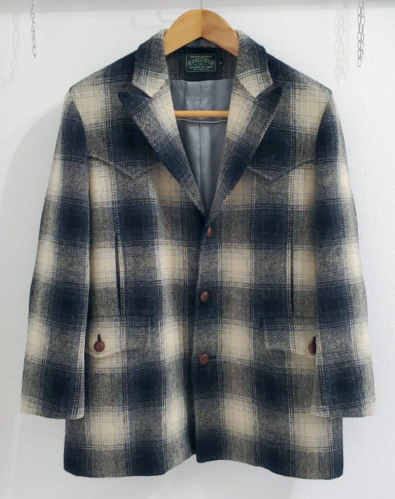 RALPH LAUREN COUNTRY ラルフローレン カントリー 1990s 白×黒 オンブレチェック ウエスタン ウールジャケット 9 シャドー カーコート ハーフ RRLダブルアールエル グラデーション 古着 50-60sモチーフ