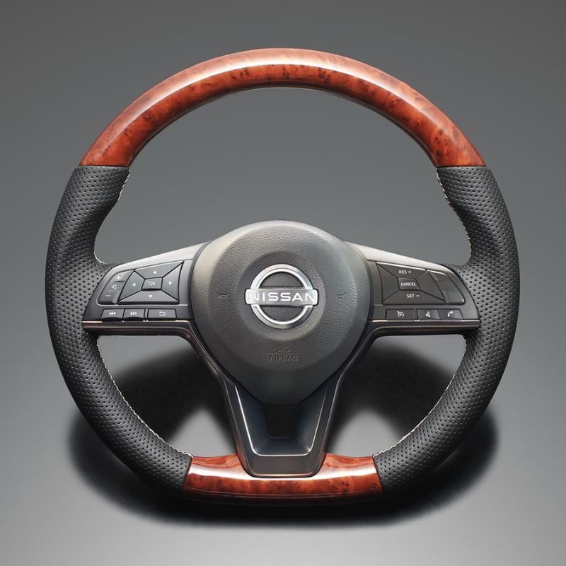 高品質の証ユーロステッチ採用 茶木目xシルバーステッチ 純正交換ガングリップステアリング ノート E12 H24 9-R2 12 LS253