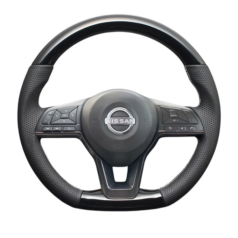 高品質の証ユーロステッチ採用 ピアノブラックxシルバーステッチ 純正交換ガングリップステアリング ノート E12 H24 9-R2 12 LS251