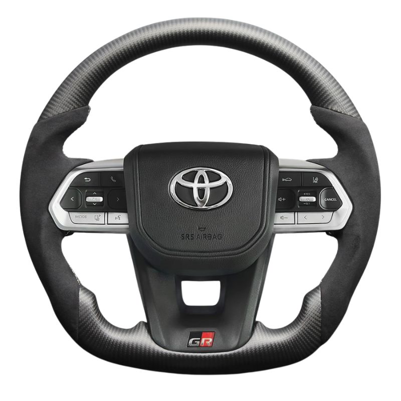 マットリアルカーボン x アルカンターラBK x シルバーステッチ 純正交換ガングリップステアリング ランクル 300系 R3|8- LS226 ヒーター対応