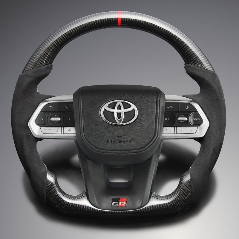 最上位モデル 艶有リアルカーボン×アルカンターラBK×シルバーステッチ 純正交換ガングリップステアリング ランクル 300系 R3 8- LS225 ヒーター対応