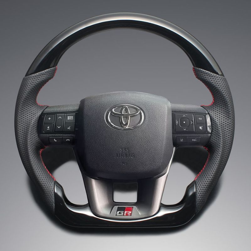 高品質の証ユーロステッチ採用 ピアノブラックxレッドステッチ 純正交換ガングリップステアリング ハイラックス 120系 H29 9- LS219 GRスポーツ取付可