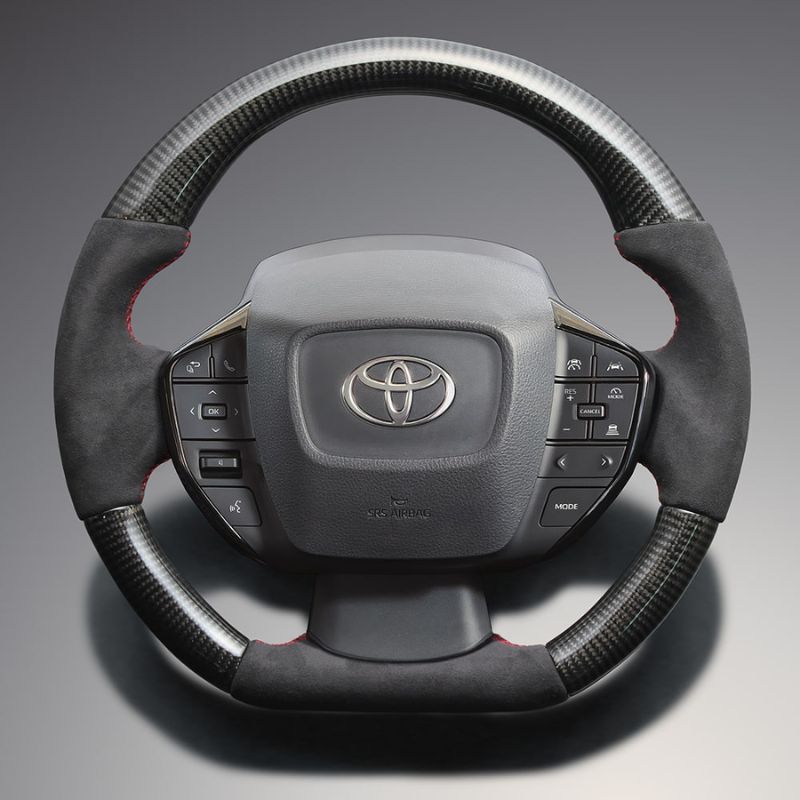 最上位モデル 艶ありリアルカーボン×アルカンターラBK×レッドユーロステッチ D型ガングリップステアリング プリウス 60系 Gグレード LS215