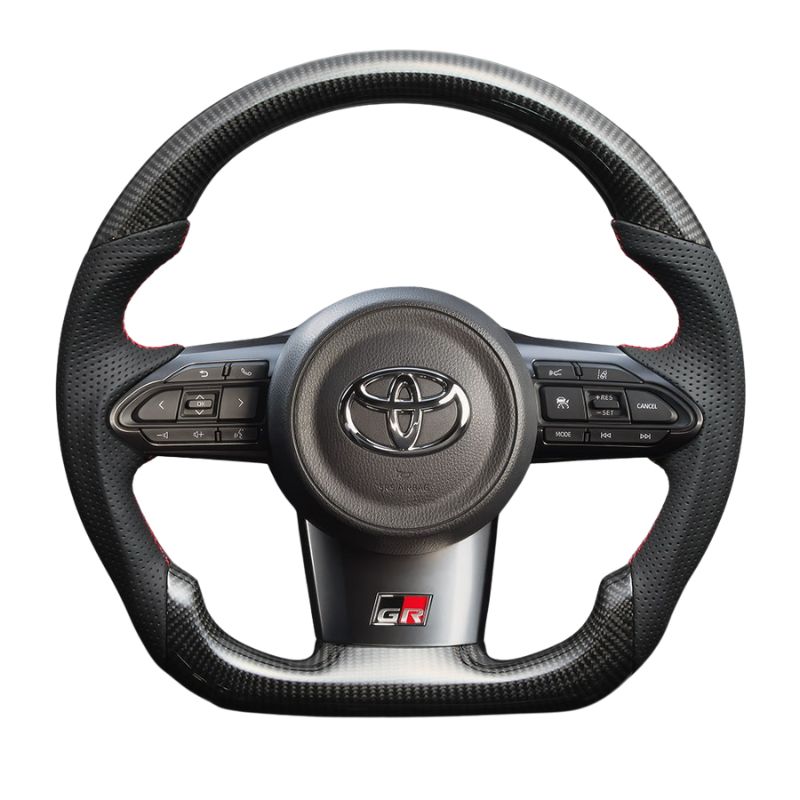 最上位モデル 艶ありリアルカーボン×本革グレー×レッドユーロステッチ 純正交換ガングリップステアリング GRカローラ 10系 LS209 GR