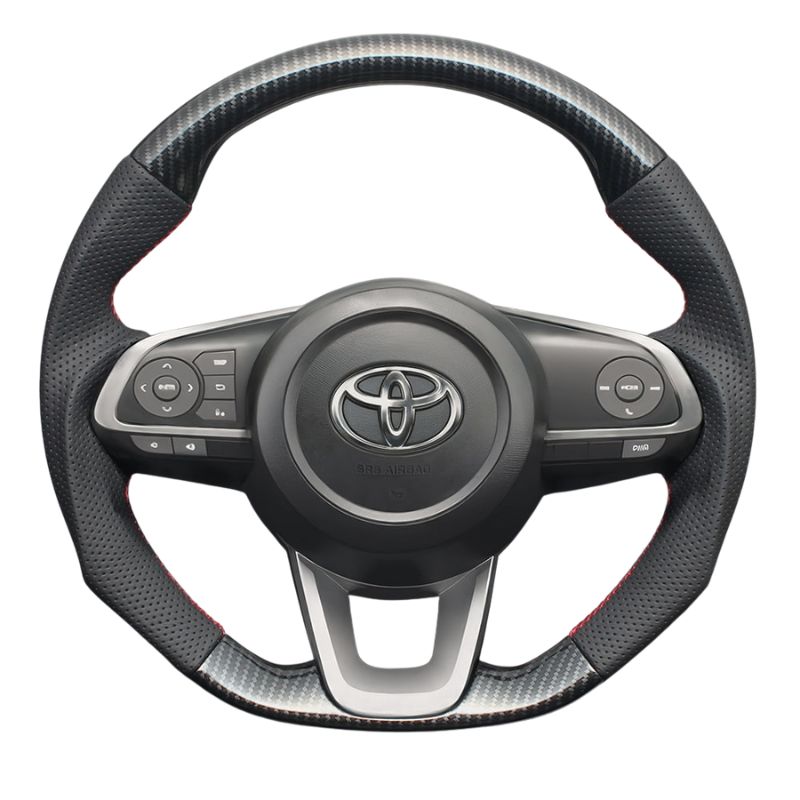 高品質の証ユーロステッチ採用 カーボン調xレッドステッチ 純正交換ガングリップステアリング RAIZE 200系 R1|11- LS199 ロッキー取付