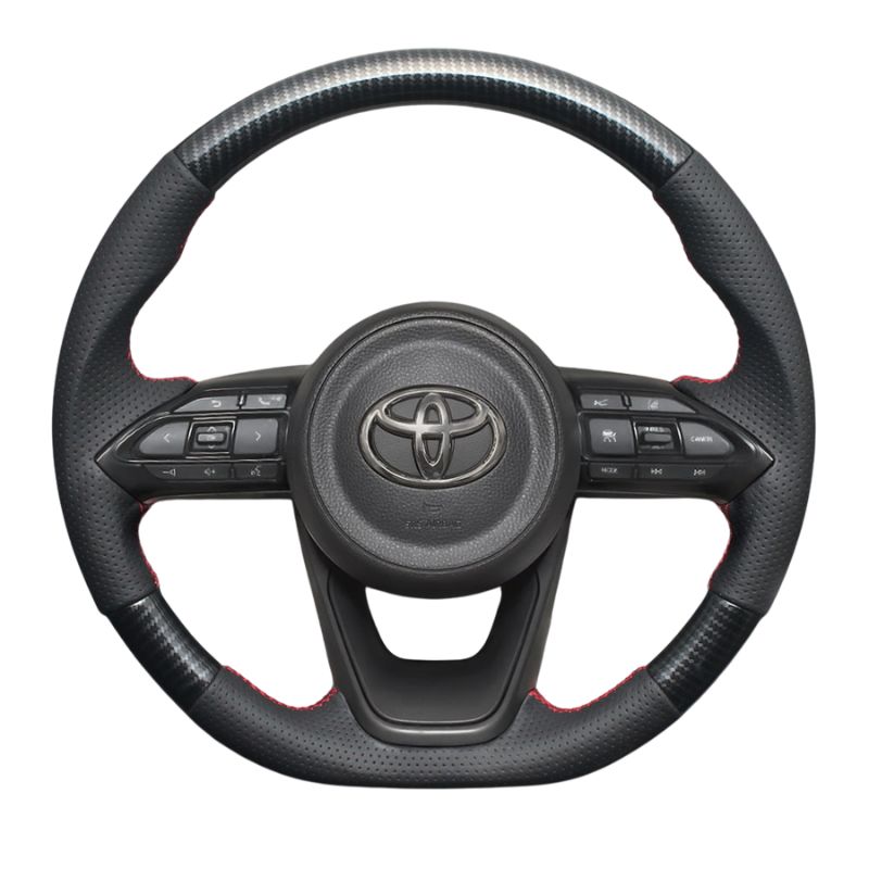 高品質の証ユーロステッチ採用 カーボン調xレッドステッチ 純正交換ガングリップステアリング ヤリス MXP10系 R2|2- LS196