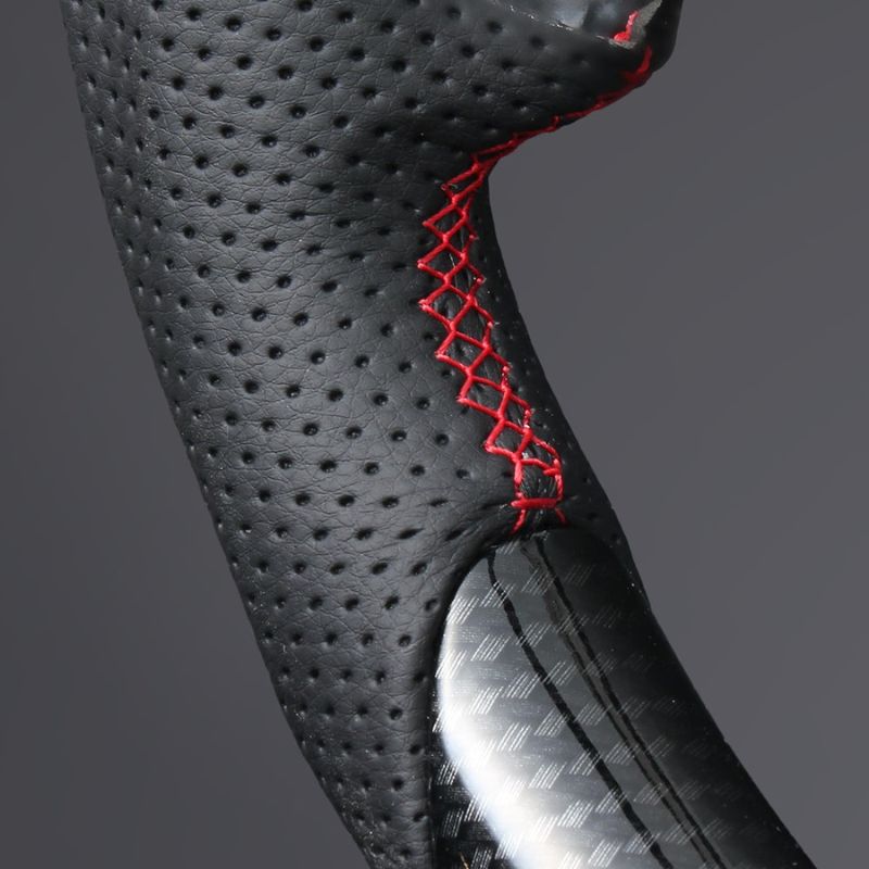 高品質の証ユーロステッチ採用 カーボン調xレッドステッチ